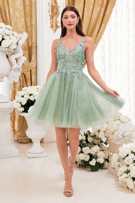 CD 9245 - Glitter Print A-Line Homecoming Dress with 3D Floral Applique & Layered Shimmer Tulle Skirt Homecoming Cinderella Divine XS SAGE 