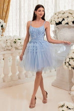 CD 9310 - Short A-Line Homecoming Dress with Lace Embellished Scoop Neck Bodice & Pleat Tiered Tulle Skirt HOMECOMING Cinderella Divine XL BLUE 