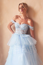 CD 9315 - Off the Shoulders A-Line Prom Gown with Sheer Corset Bodice & Layered Pleated Tulle Skirt PROM GOWN Cinderella Divine 2 LT BLUE 