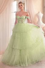CD 9315 - Off the Shoulders A-Line Prom Gown with Sheer Corset Bodice & Layered Pleated Tulle Skirt PROM GOWN Cinderella Divine 2 SAGE 