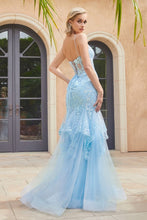 CD 9316 - Bead & Lace Embellished Fit & Flare Prom Gown with Sheer Boned Corset Bodice Lace Up Corset Back & Layered Lace Hem PROM GOWN Cinderella Divine 2 BLUE 