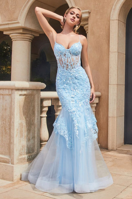 CD 9316 - Bead & Lace Embellished Fit & Flare Prom Gown with Sheer Boned Corset Bodice Lace Up Corset Back & Layered Lace Hem PROM GOWN Cinderella Divine   