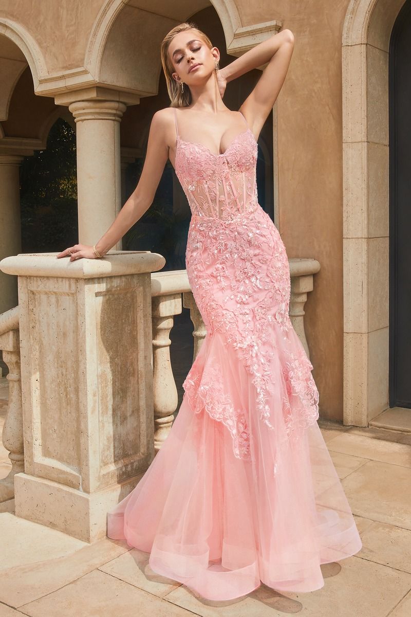 B253069 Sultry Crepe Back Charmeuse Fit & Flare Gown with Criss-Cross Halter  Bodice and Empire Waist