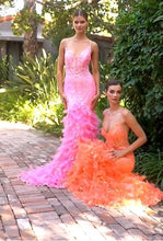 CD A1116 - Glitter Embellished Fit & Flare Prom Gown with Sheer Bodice Lace Up Corset Back & Feather Adorned Skirt PROM GOWN Cinderella Divine 2 Orange