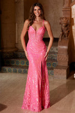 N A1583 - Iridescent Sequin Fit & Flare Prom Gown with Sheer Boned Bodice & Leg Slit PROM GOWN Nox 00 Hot Pink