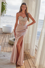 N A1593 - Stretch Satin Fit & Flare Prom Gown with Sheer Beaded Bodice Lace-Up Back & Leg Slit PROM GOWN Nox 00 Dusty Rose