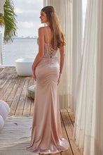 N A1593 - Stretch Satin Fit & Flare Prom Gown with Sheer Beaded Bodice Lace-Up Back & Leg Slit PROM GOWN Nox