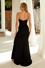 N A1596 - Strapless Shimmer Stretch Fit & Flare Prom Gown with Sheer Boned Beaded Bodice & Leg Slit PROM GOWN Nox