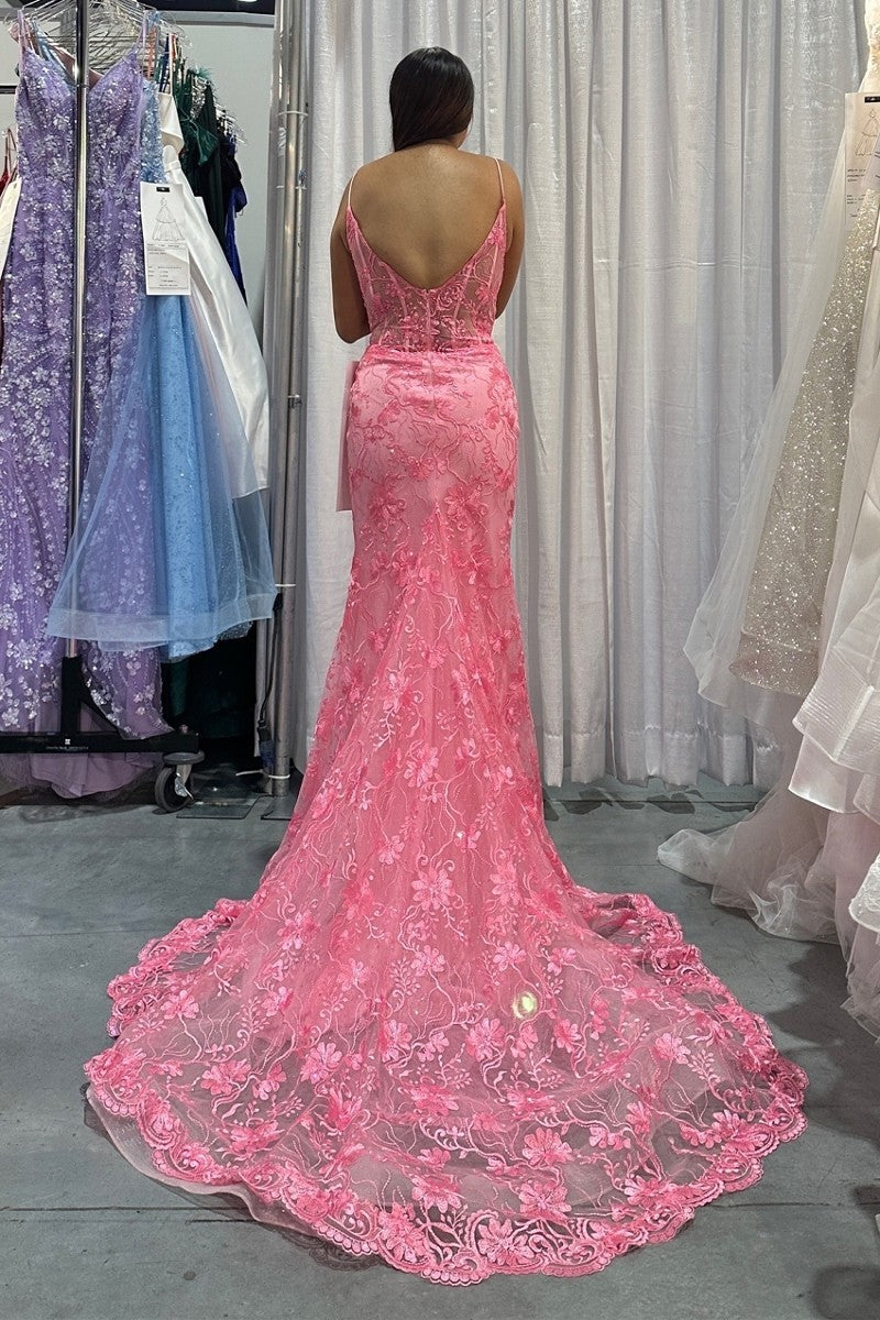 N C1456 - Bead & Lace Embellished Fit & Flare Prom Gown with Sheer Boned Bodice & Scalloped Hemline PROM GOWN Nox 0 CANDY PINK 
