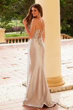 N C1605 - Shimmer Stretch Satin Fit & Flare Prom Gown with Sheer Sequin Embellished Bodice Leg Slit & Open Lace Up Back