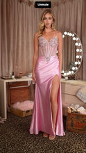 CD C171 - Stretch Satin Fit & Flare Prom Gown with Sheer Intricate detailed Bodice & Leg Slit PROM GOWN Cinderella Divine 0 Pink