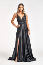 GL 2963 - Stretch Satin A-Line Prom Gown with Ruched V-Neck Bodice & Strappy Back PROM GOWN GLS XS BLACK 