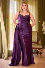 CD CD349C - Plus Size Stretch Satin Fit & Flare Prom Gown with Rhinestone Embellished Boned Corset Bodice Open Lace Up Back Leg Slit & Side Sash PROM GOWN Cinderella Divine 16 EGGPLANT 