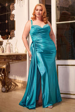 CD CD349C - Plus Size Stretch Satin Fit & Flare Prom Gown with Rhinestone Embellished Boned Corset Bodice Open Lace Up Back Leg Slit & Side Sash PROM GOWN Cinderella Divine 16 BLUE 