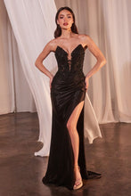CD CDS465 - Strapless Shimmer Stretch Fit & Flare Prom Gown with Sheer Beaded Lace Embellished Corset Bodice & Leg Slit PROM GOWN Cinderella Divine
