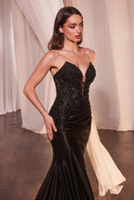 CD CDS465 - Strapless Shimmer Stretch Fit & Flare Prom Gown with Sheer Beaded Lace Embellished Corset Bodice & Leg Slit PROM GOWN Cinderella Divine