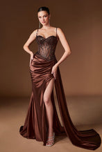 CD CD868 - Stretch Satin Fit & Flare Prom Gown with Sheer Beaded Lace Embellished Corset Bodice Side Sash & Leg Slit - Diggz Formals