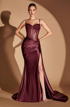 CD CD868 - Stretch Satin Fit & Flare Prom Gown with Sheer Beaded Lace Embellished Corset Bodice Side Sash & Leg Slit - Diggz Formals