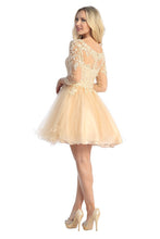 LF 6272 - Long Sleeve Homecoming Dress with Beaded Lace Applique Bodice & Layered Tulle Skirt Homecoming Let's Fashion XS CHAMPAGNE 