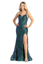 LF 7751 - Iridescent Sequin Patterned Fit & Flare Prom Gown with Sheer Underarms Open Strappy Back & Leg Slit PROM GOWN Let's Fashion XS EMERALD 
