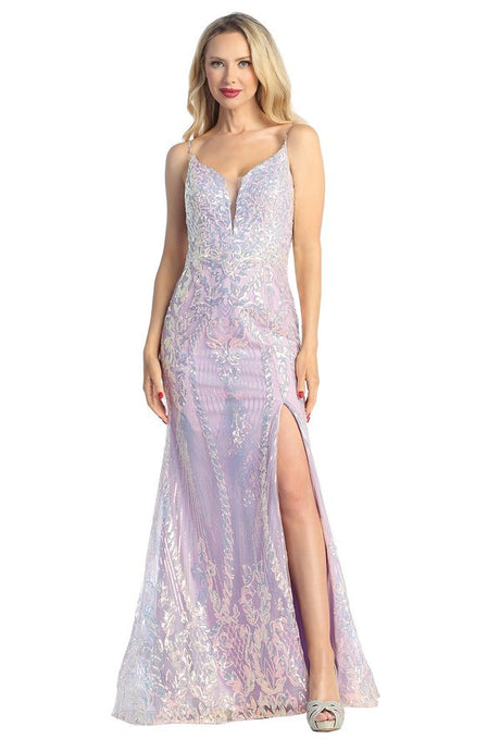 LF 7751 - Iridescent Sequin Patterned Fit & Flare Prom Gown with Sheer Underarms Open Strappy Back & Leg Slit PROM GOWN Let's Fashion   