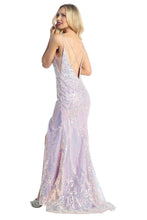 LF 7751 - Iridescent Sequin Patterned Fit & Flare Prom Gown with Sheer Underarms Open Strappy Back & Leg Slit PROM GOWN Let's Fashion XS LILAC 