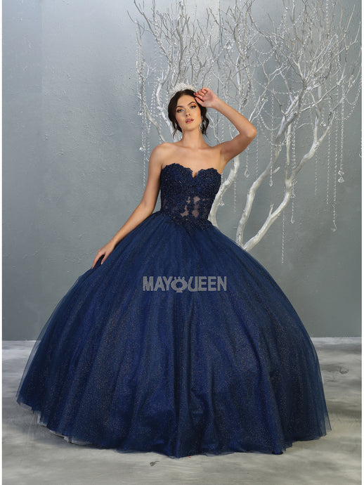 MQ LK141  - Strapless A-Line Quinceanera Ball Gown with Sheer Lace Appliqué Boned Corset Bodice & Layered Shimmer Tulle Skirt Quinceanera Gowns Mayqueen 4 NAVY 