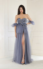 MQ MQ1961 - A-Line Bustier Prom Gown with 3D Floral Applique & Leg Slit PROM GOWN Mayqueen 4 DUSTY BLUE 