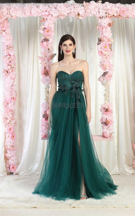 MQ MQ1961 - A-Line Bustier Prom Gown with 3D Floral Applique & Leg Slit PROM GOWN Mayqueen 4 HUNTER GREEN 