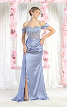 MQ MQ1977 - Fit & Flare Off Shoulder Boned Bodice Prom Gown with Leg Slit PROM GOWN Mayqueen 4 DUSTY BLUE 