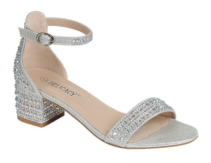Women's Rhinestone Embellished Open Toe Sandal with Ankle Strap & Block Heel WOMENS DRESS SHOES FOREVER 5 SILVER 