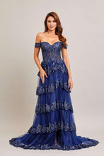 BC PS5178 - Off the Shoulder A-Line Prom Gown with Sheer Corset Bodice Leg Slit & Layered Ruffle Skirt