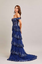 BC PS5178 - Off the Shoulder A-Line Prom Gown with Sheer Corset Bodice Leg Slit & Layered Ruffle Skirt