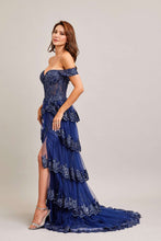 BC PS5178 - Off the Shoulder A-Line Prom Gown with Sheer Corset Bodice Leg Slit & Layered Ruffle Skirt