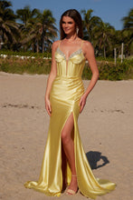 N R1689 - Satin Fit & Flare Prom Gown with Sequin Appliqued Bodice Lace-Up Back & Leg Slit PROM GOWN Nox 00 Yellow