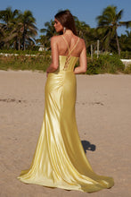 N R1689 - Satin Fit & Flare Prom Gown with Sequin Appliqued Bodice Lace-Up Back & Leg Slit PROM GOWN Nox