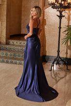 N R1692 - Stretch Satin Fit & Flare Prom Gown with Sequin Applique Boned Bodice Lace-Up Back & Leg Slit PROM GOWN Nox