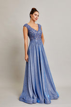BC RD2371 - Stretch Sparkle Crepe A-Line Prom Gown with Sheer Sequin Embellished V-Neck Bodice & Cap Sleeves PROM GOWN Bicici & Coty XS DARK ICE BLUE 