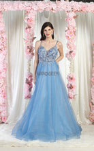 MQ 8024 - A-Line Plunging Neckline Prom Gown with 3D Applique Bodice PROM GOWN Mayqueen 4 DUSTY BLUE 