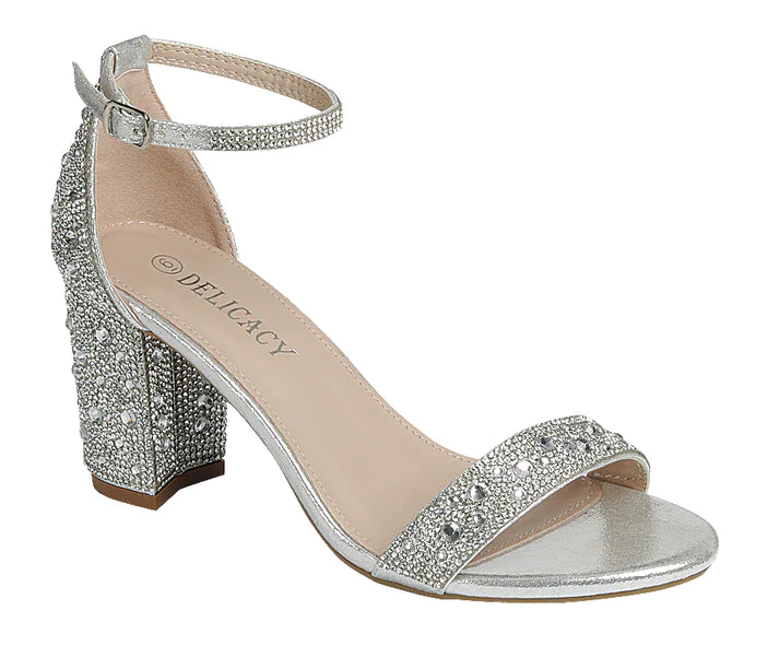 Women's Rhinestone Embellished Block Heel with Ankle Strap Open