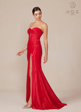 N T1489 - Strapless Stretch Satin Fit & Flare Prom Gown with Ruched Sweetheart Bodice Lace-Up Back & Leg Slit PROM GOWN Nox 00 Deep Red