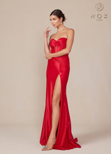 N T1489 - Strapless Stretch Satin Fit & Flare Prom Gown with Ruched Sweetheart Bodice Lace-Up Back & Leg Slit PROM GOWN Nox