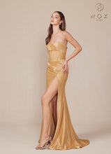 N T1489 - Strapless Stretch Satin Fit & Flare Prom Gown with Ruched Sweetheart Bodice Lace-Up Back & Leg Slit PROM GOWN Nox