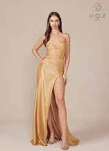 N T1489 - Strapless Stretch Satin Fit & Flare Prom Gown with Ruched Sweetheart Bodice Lace-Up Back & Leg Slit PROM GOWN Nox 00 Gold