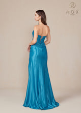 N T1489 - Strapless Stretch Satin Fit & Flare Prom Gown with Ruched Sweetheart Bodice Lace-Up Back & Leg Slit PROM GOWN Nox