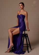 N T1489 - Strapless Stretch Satin Fit & Flare Prom Gown with Ruched Sweetheart Bodice Lace-Up Back & Leg Slit PROM GOWN Nox