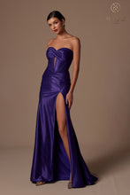 N T1489 - Strapless Stretch Satin Fit & Flare Prom Gown with Ruched Sweetheart Bodice Lace-Up Back & Leg Slit PROM GOWN Nox