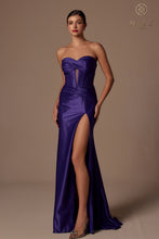 N T1489 - Strapless Stretch Satin Fit & Flare Prom Gown with Ruched Sweetheart Bodice Lace-Up Back & Leg Slit PROM GOWN Nox 00 Plum