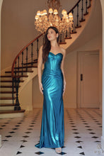 N T1499 - Strapless Stretch Metallic Fit & Flare Prom Gown with Boned Bodice & Lace-Up Back PROM GOWN Nox 00 Teal