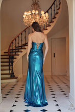 N T1499 - Strapless Stretch Metallic Fit & Flare Prom Gown with Boned Bodice & Lace-Up Back PROM GOWN Nox